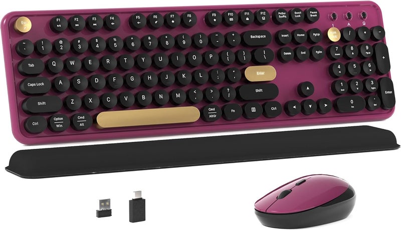 MPTOG Colorful Wireless Computer Keyboard and Mouse Combo with Round Typewriter Keycaps, Retro Design, Power Switch, Ergonomic Design, 2.4GHz Wireless for Windows, Mac, PC（Black-Claret） - Image 1